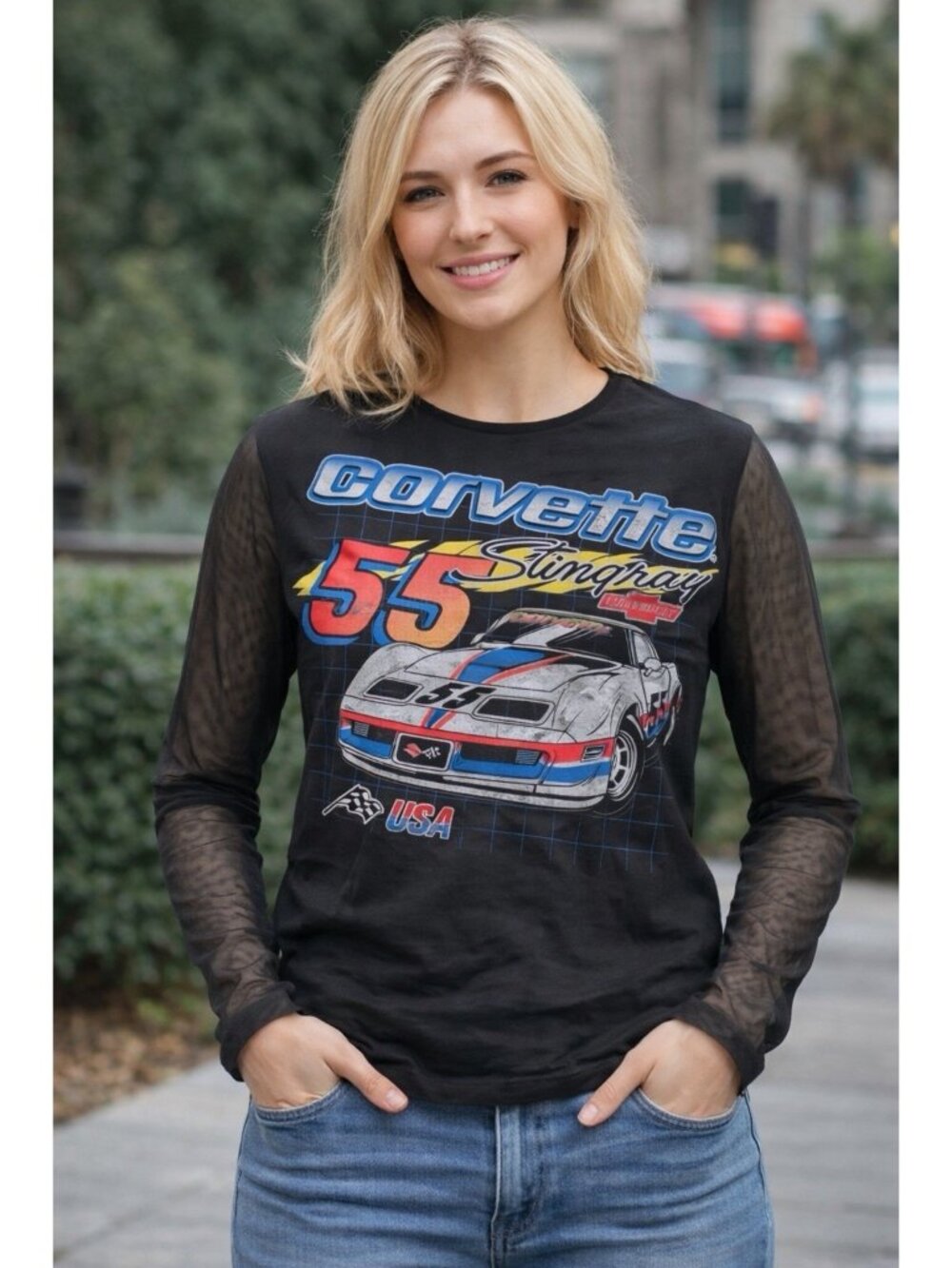 Rare Women's Corvette  Logo & Stingray 55 long sleeve shirt sheer black XL NWOT